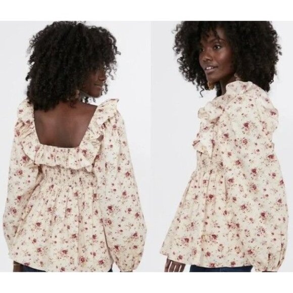 Tuckernuck Hyacinth House Addison Blouse in Cream Floral Ruffle Neck Size Medium - Picture 2 of 11